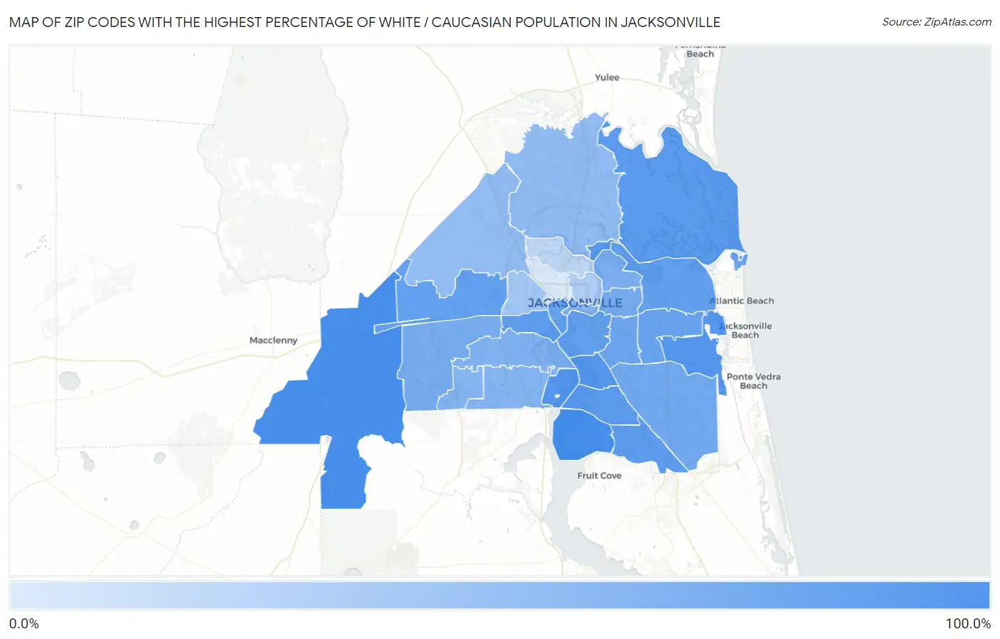Zip Codes with the Highest Percentage of White / Caucasian Population in Jacksonville Map