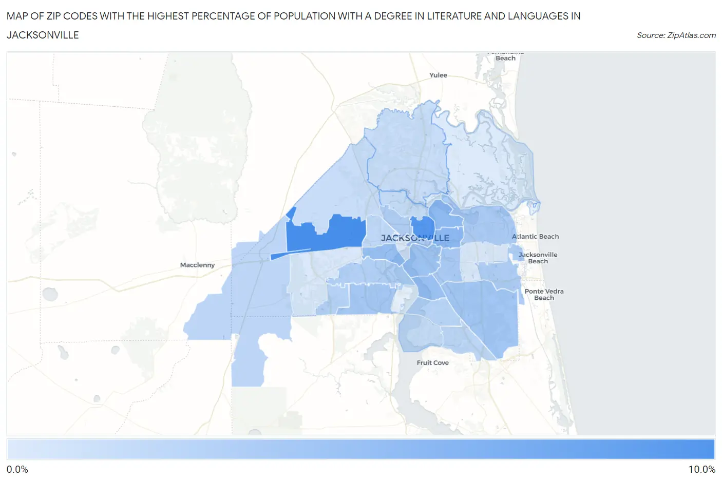Zip Codes with the Highest Percentage of Population with a Degree in Literature and Languages in Jacksonville Map