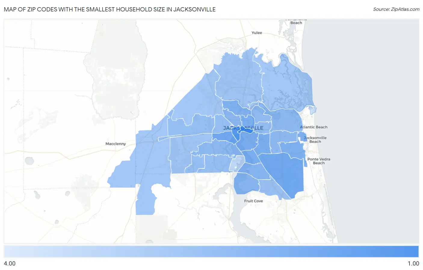 Zip Codes with the Smallest Household Size in Jacksonville Map