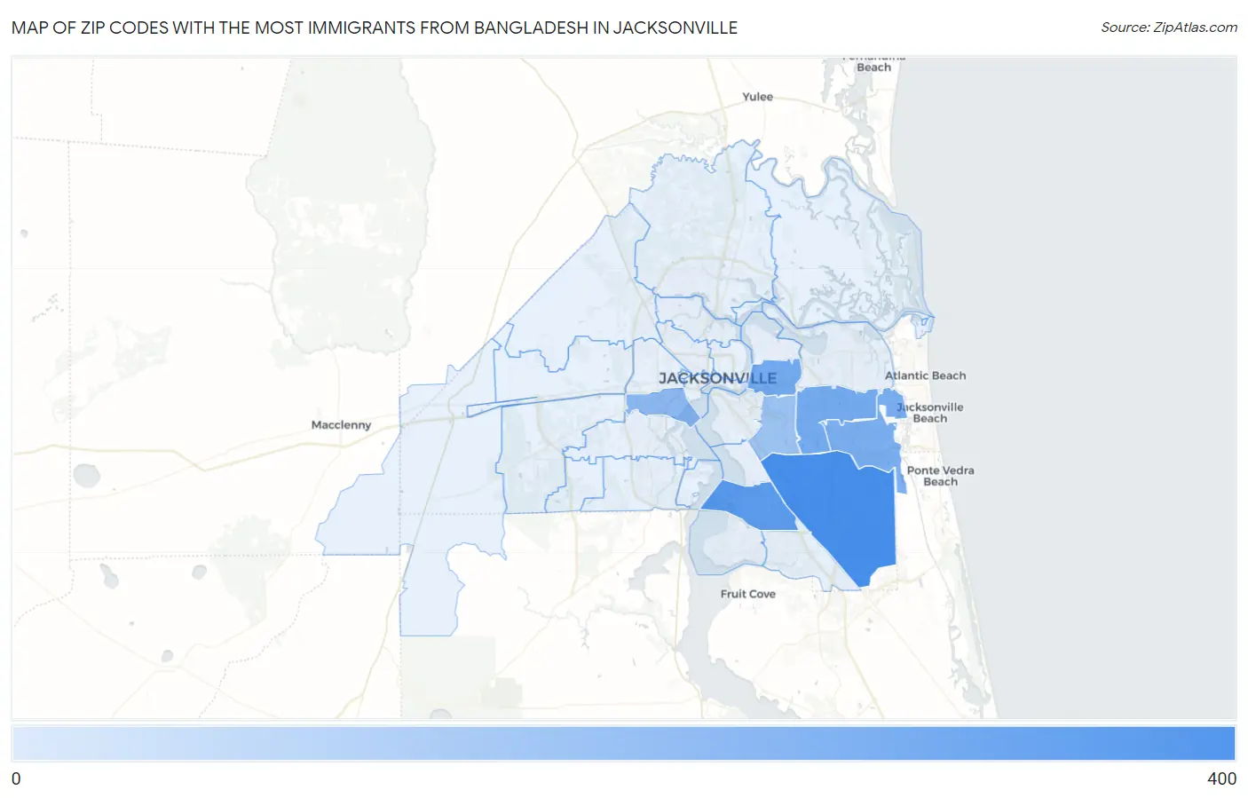 Zip Codes with the Most Immigrants from Bangladesh in Jacksonville Map