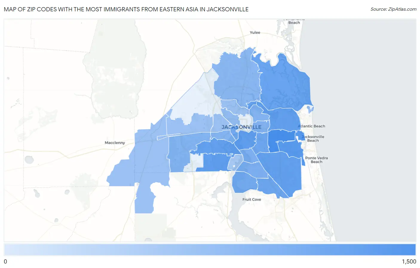 Zip Codes with the Most Immigrants from Eastern Asia in Jacksonville Map