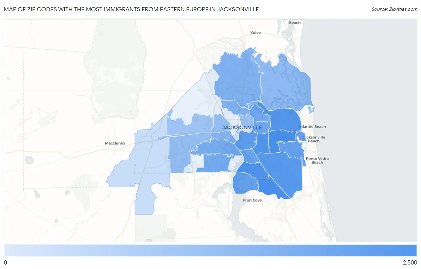 Zip Codes with the Most Immigrants from Eastern Europe in Jacksonville Map
