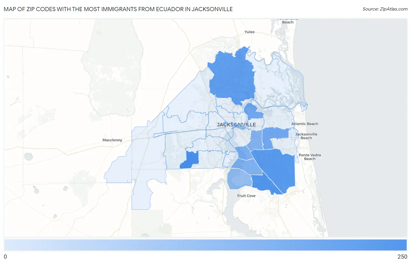 Zip Codes with the Most Immigrants from Ecuador in Jacksonville Map