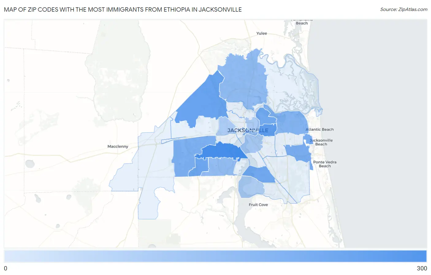 Zip Codes with the Most Immigrants from Ethiopia in Jacksonville Map