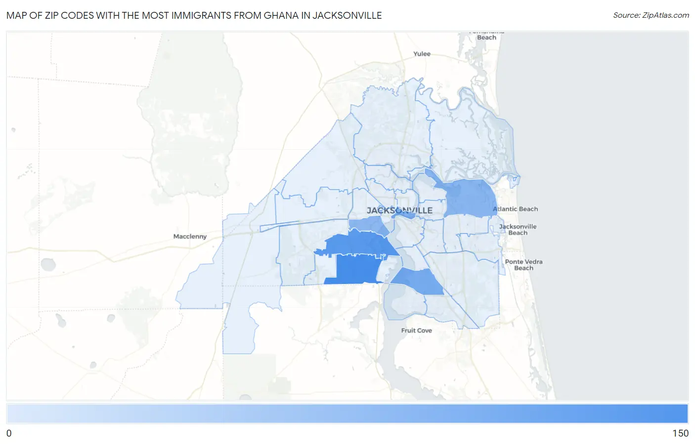 Zip Codes with the Most Immigrants from Ghana in Jacksonville Map