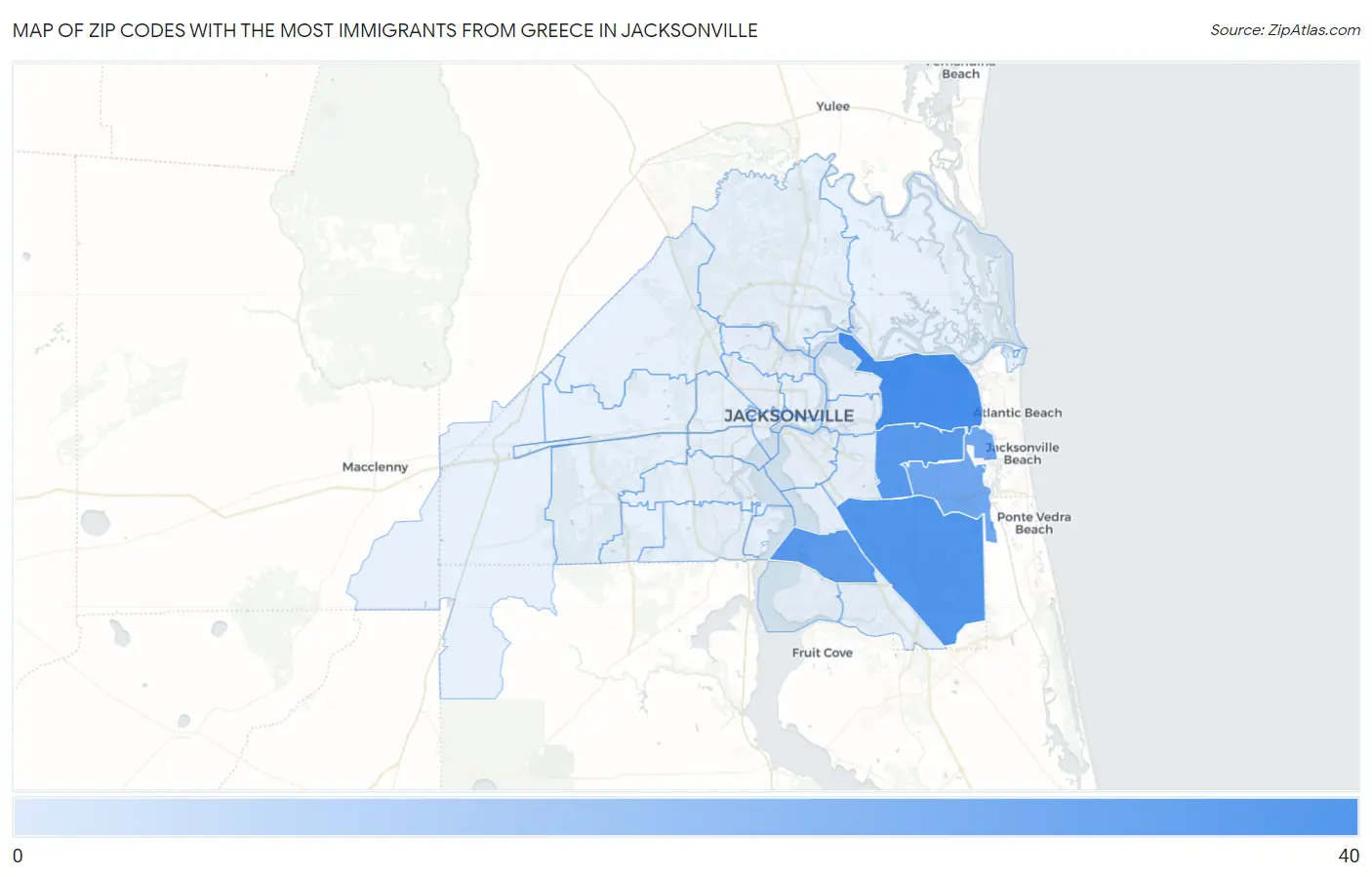 Zip Codes with the Most Immigrants from Greece in Jacksonville Map
