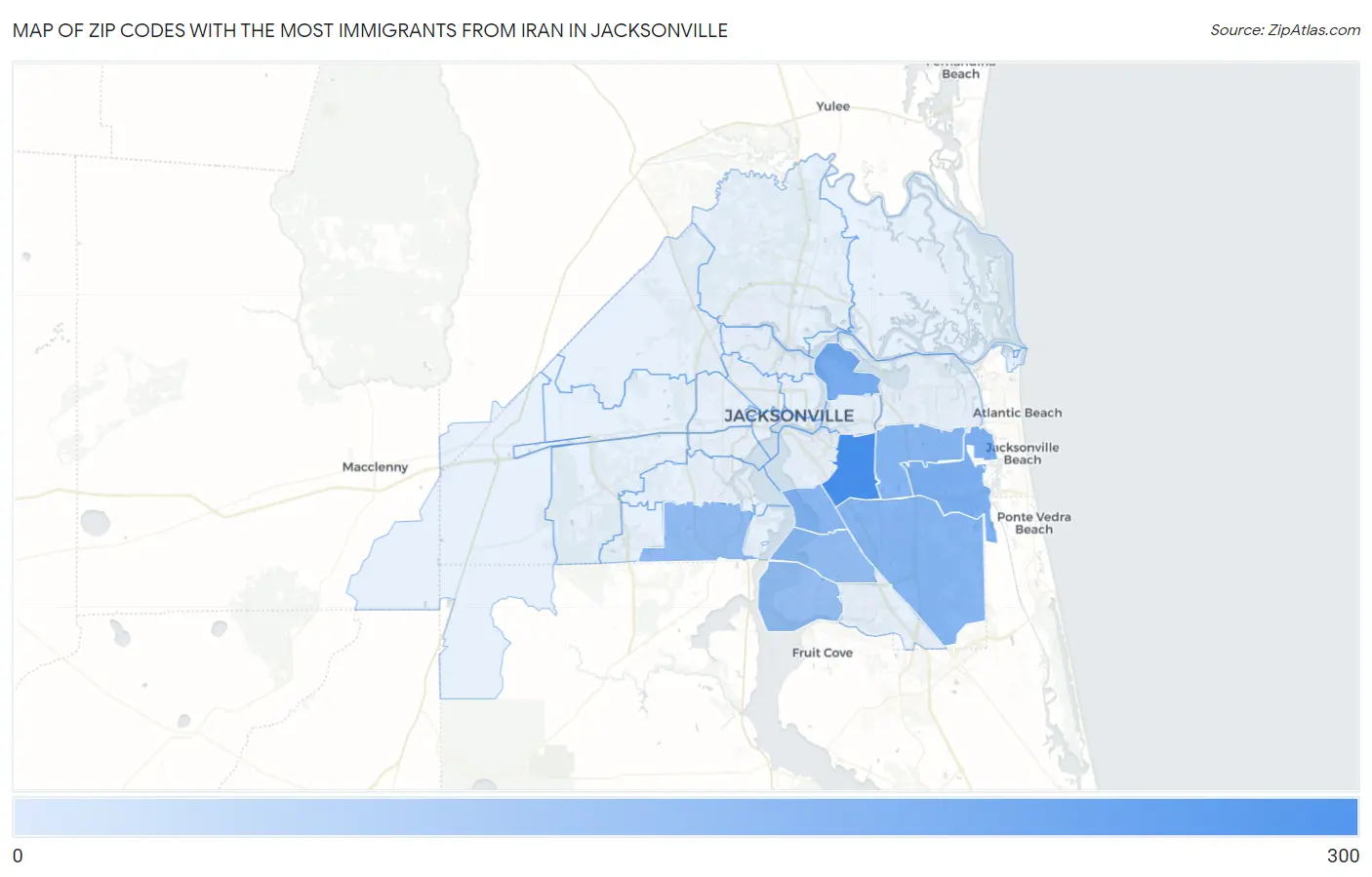 Zip Codes with the Most Immigrants from Iran in Jacksonville Map