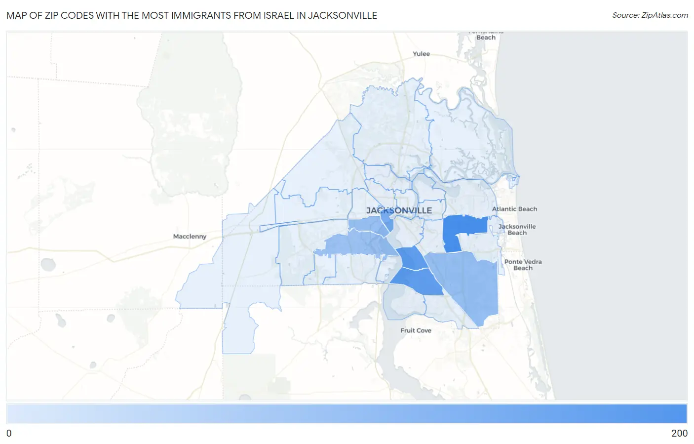 Zip Codes with the Most Immigrants from Israel in Jacksonville Map