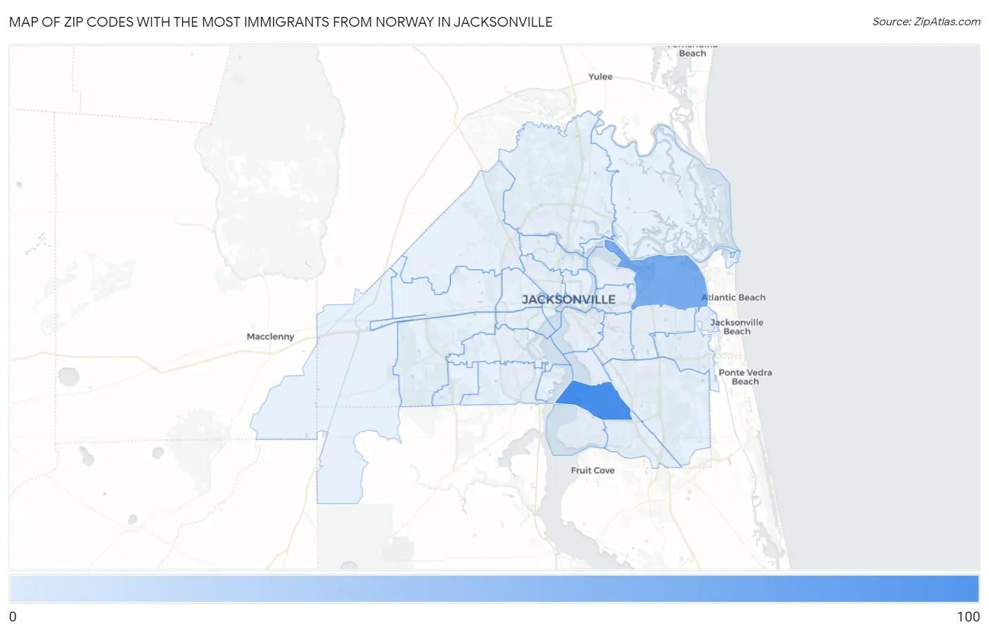 Zip Codes with the Most Immigrants from Norway in Jacksonville Map