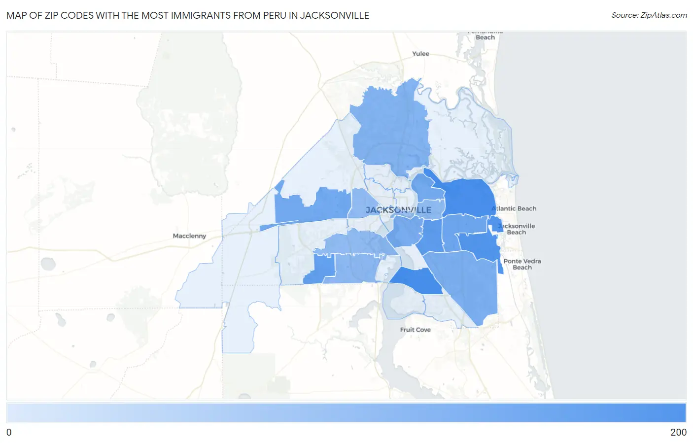 Zip Codes with the Most Immigrants from Peru in Jacksonville Map