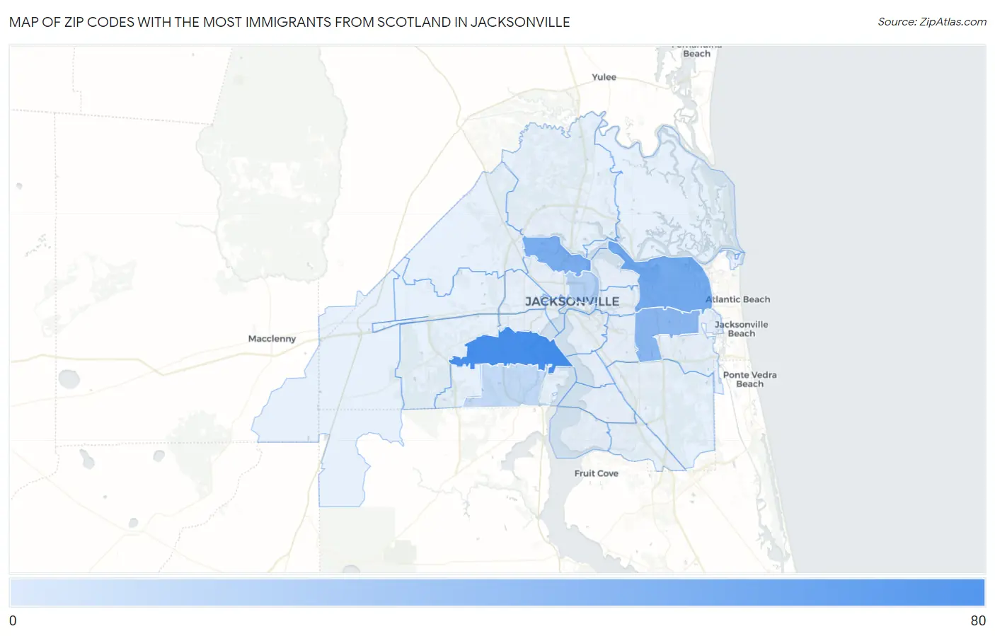 Zip Codes with the Most Immigrants from Scotland in Jacksonville Map