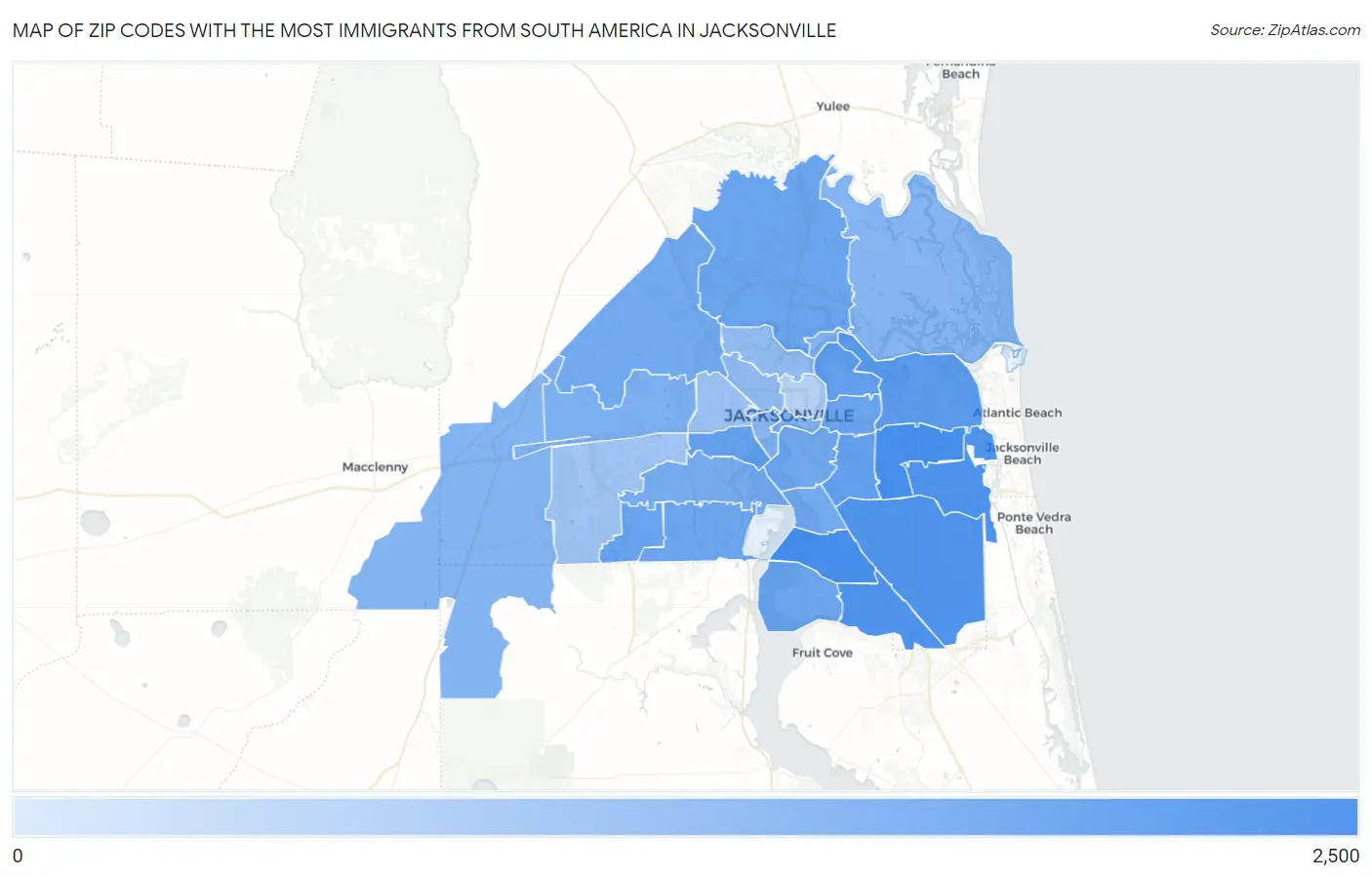 Zip Codes with the Most Immigrants from South America in Jacksonville Map