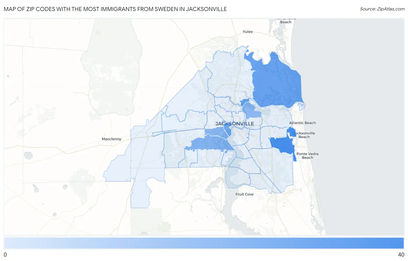Zip Codes with the Most Immigrants from Sweden in Jacksonville Map