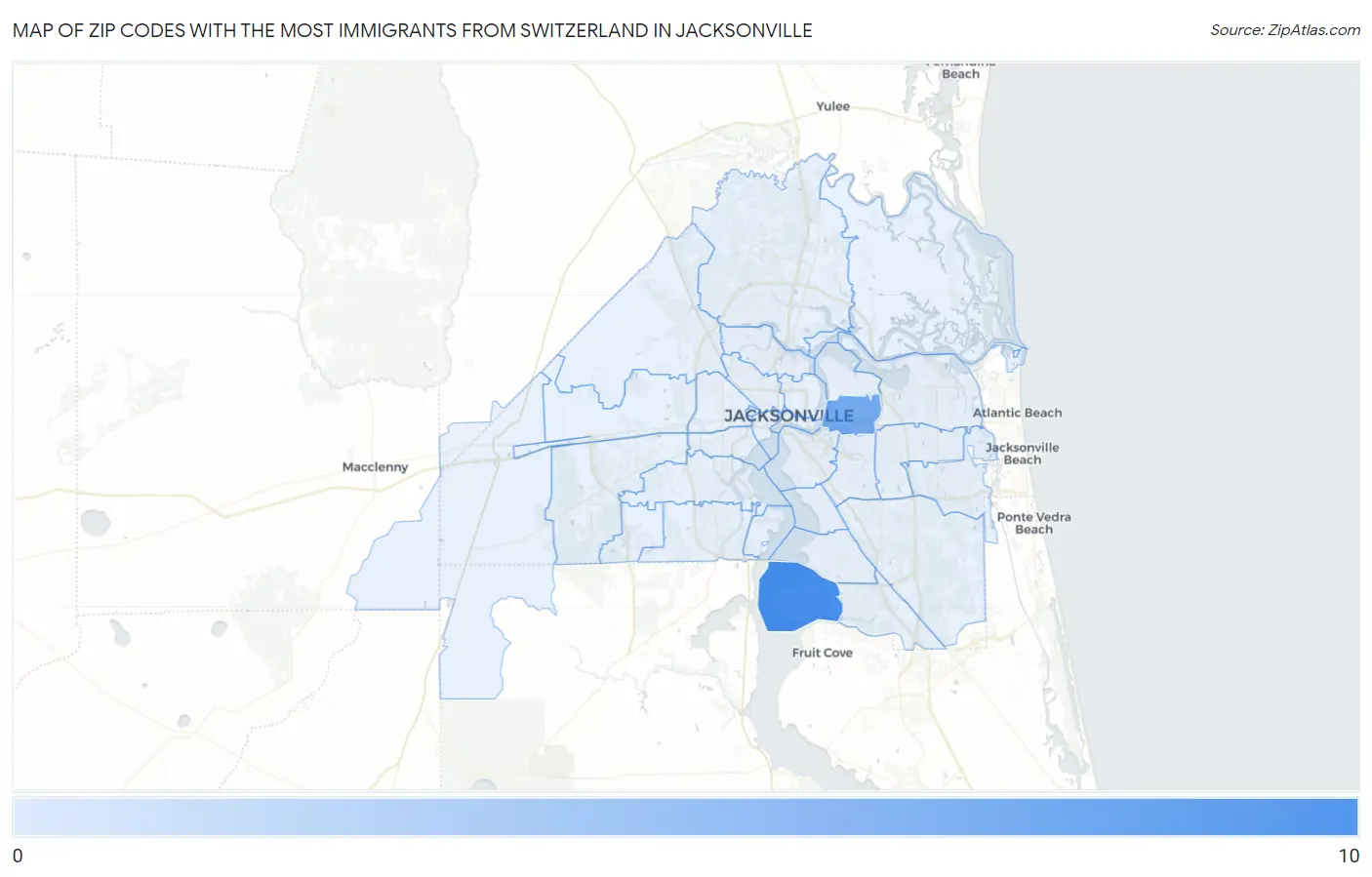 Zip Codes with the Most Immigrants from Switzerland in Jacksonville Map