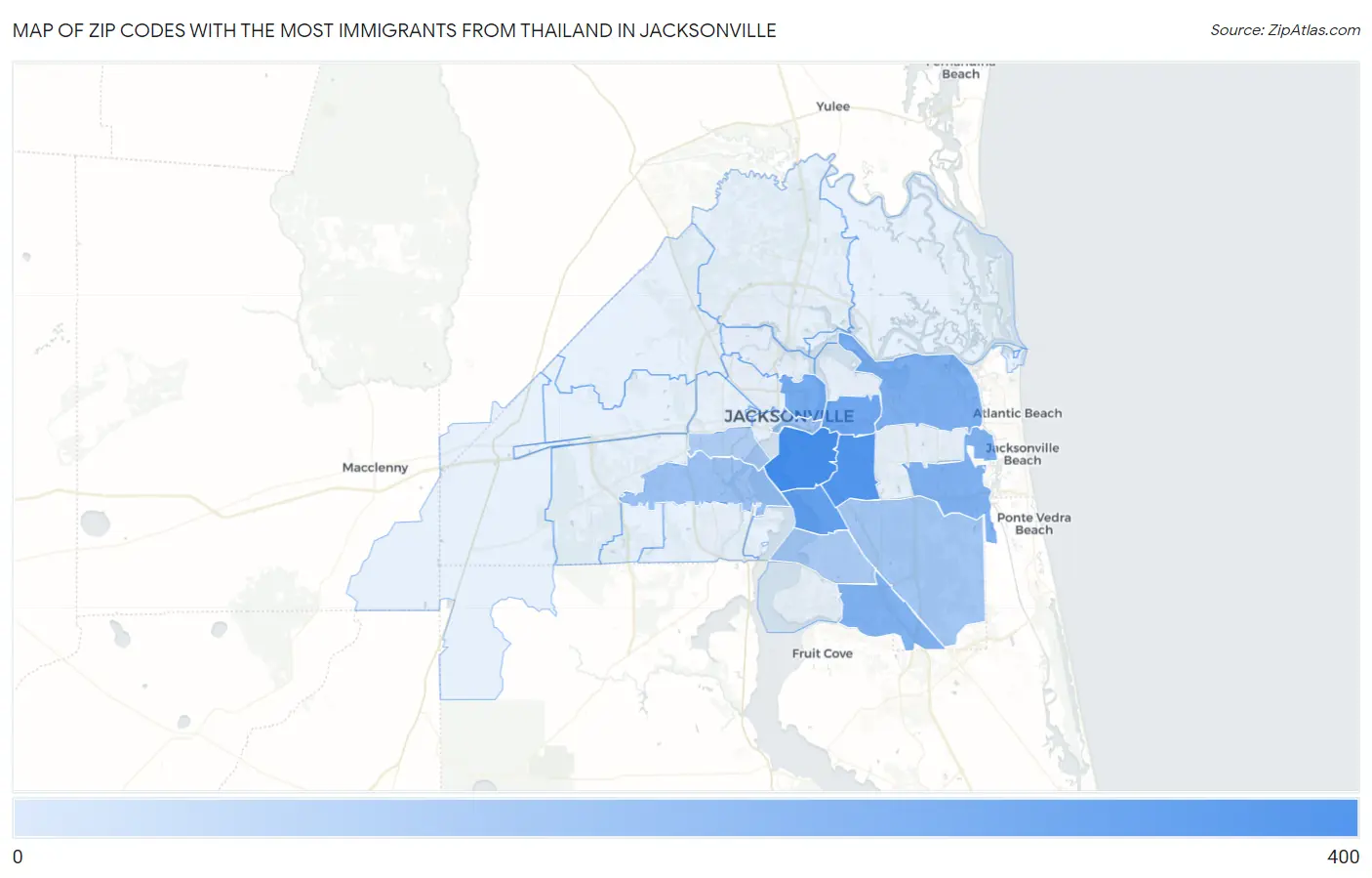Zip Codes with the Most Immigrants from Thailand in Jacksonville Map