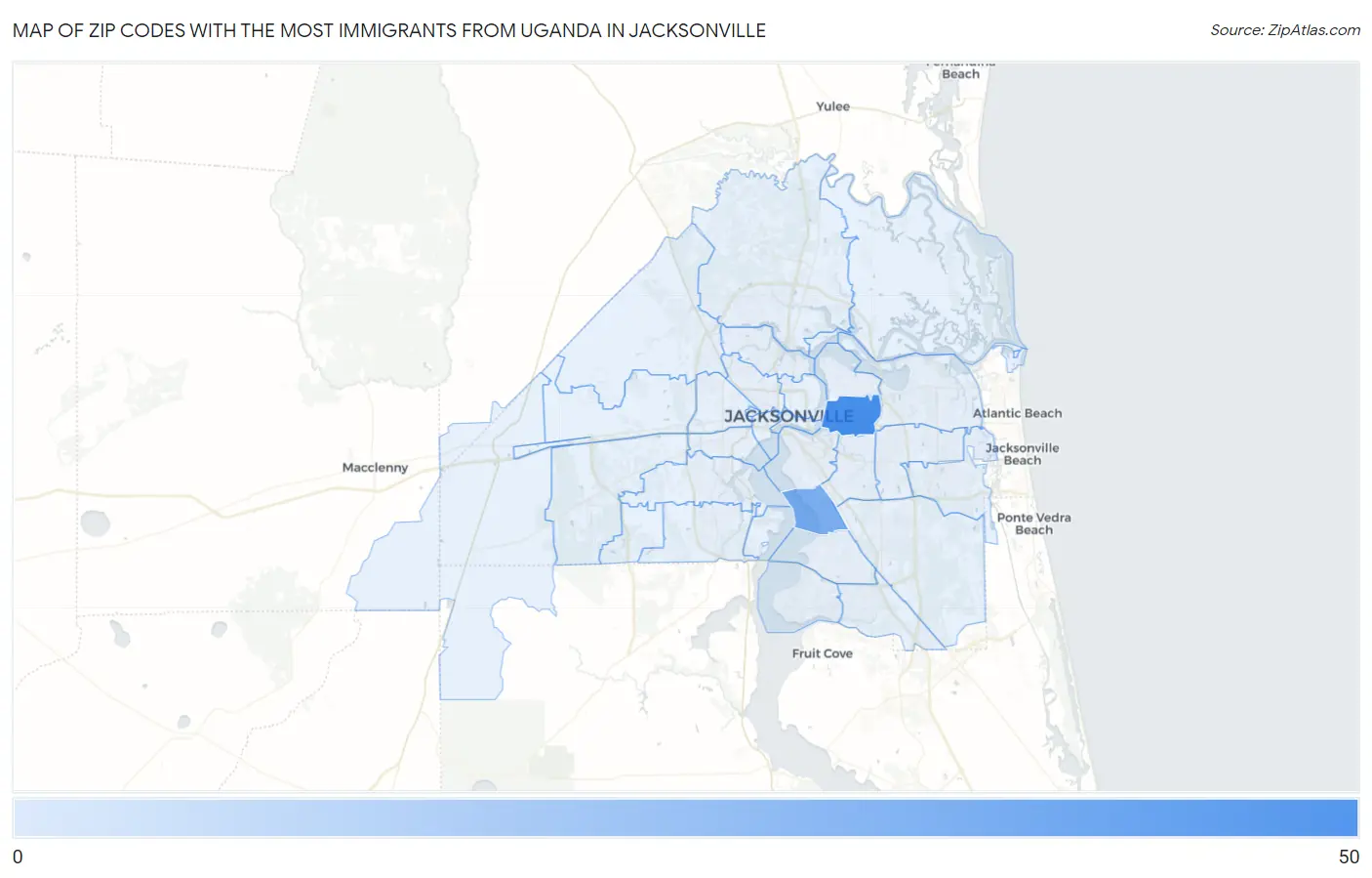Zip Codes with the Most Immigrants from Uganda in Jacksonville Map