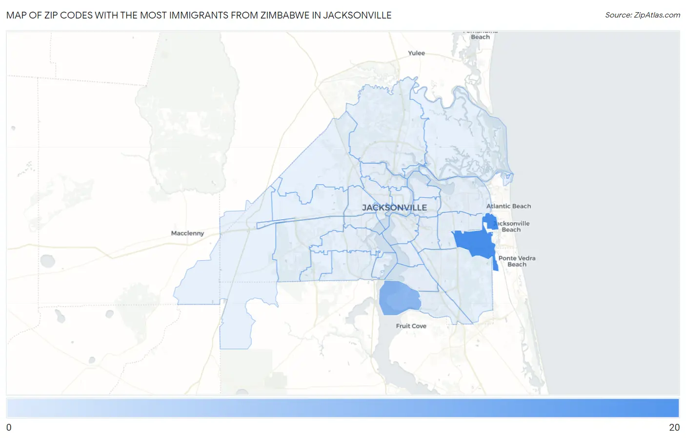 Zip Codes with the Most Immigrants from Zimbabwe in Jacksonville Map