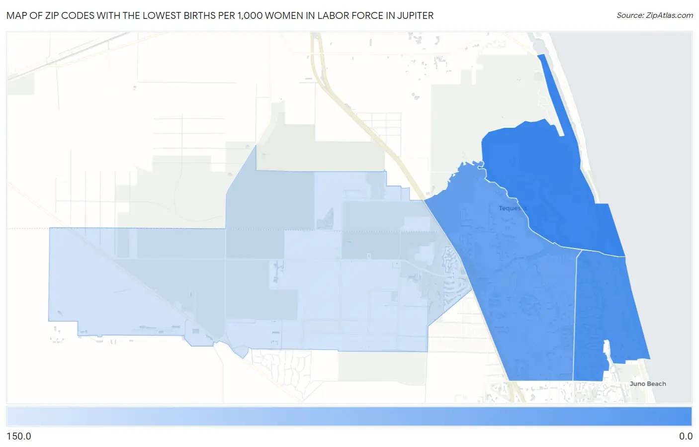Zip Codes with the Lowest Births per 1,000 Women in Labor Force in Jupiter Map