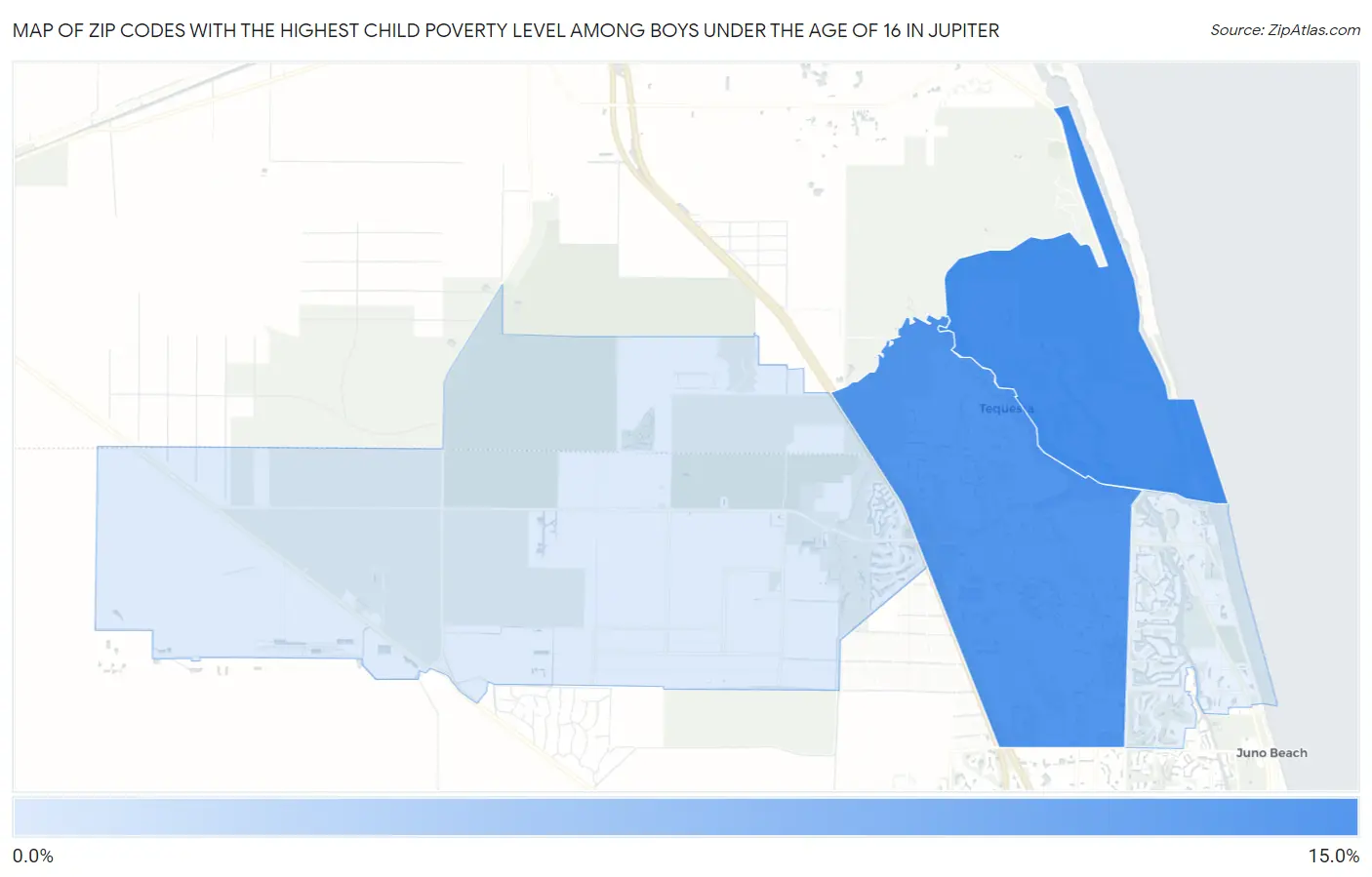 Zip Codes with the Highest Child Poverty Level Among Boys Under the Age of 16 in Jupiter Map