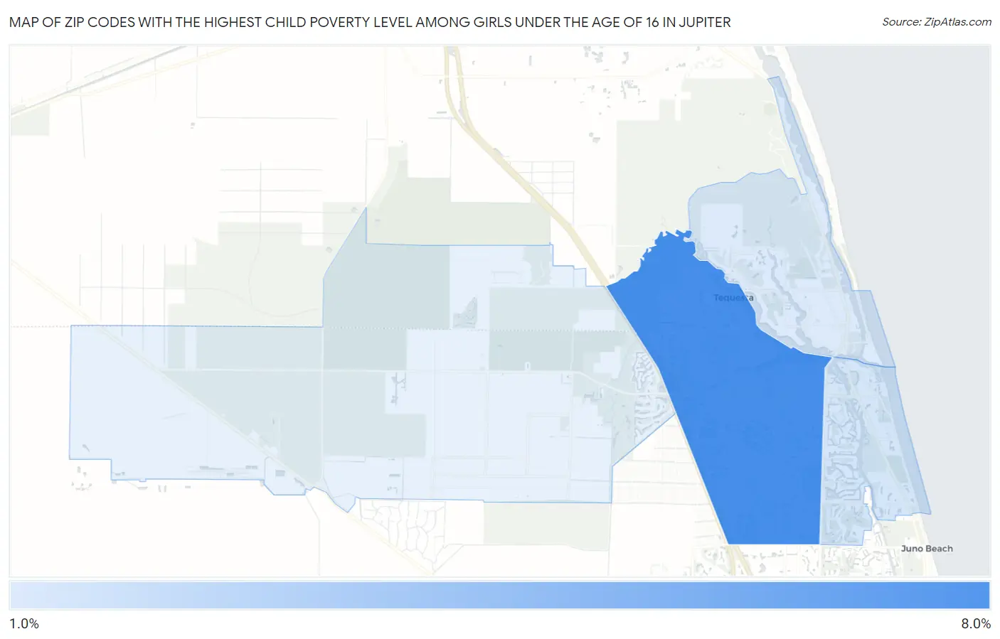 Zip Codes with the Highest Child Poverty Level Among Girls Under the Age of 16 in Jupiter Map