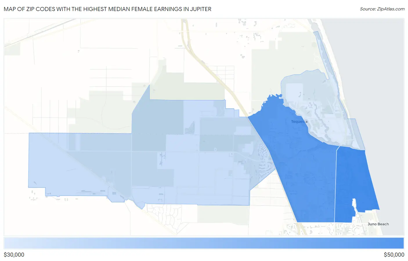 Zip Codes with the Highest Median Female Earnings in Jupiter Map