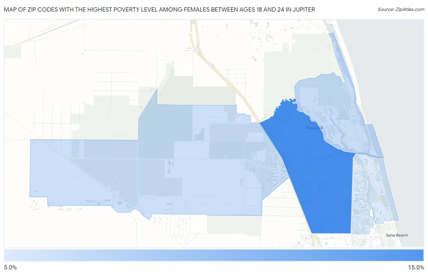 Zip Codes with the Highest Poverty Level Among Females Between Ages 18 and 24 in Jupiter Map