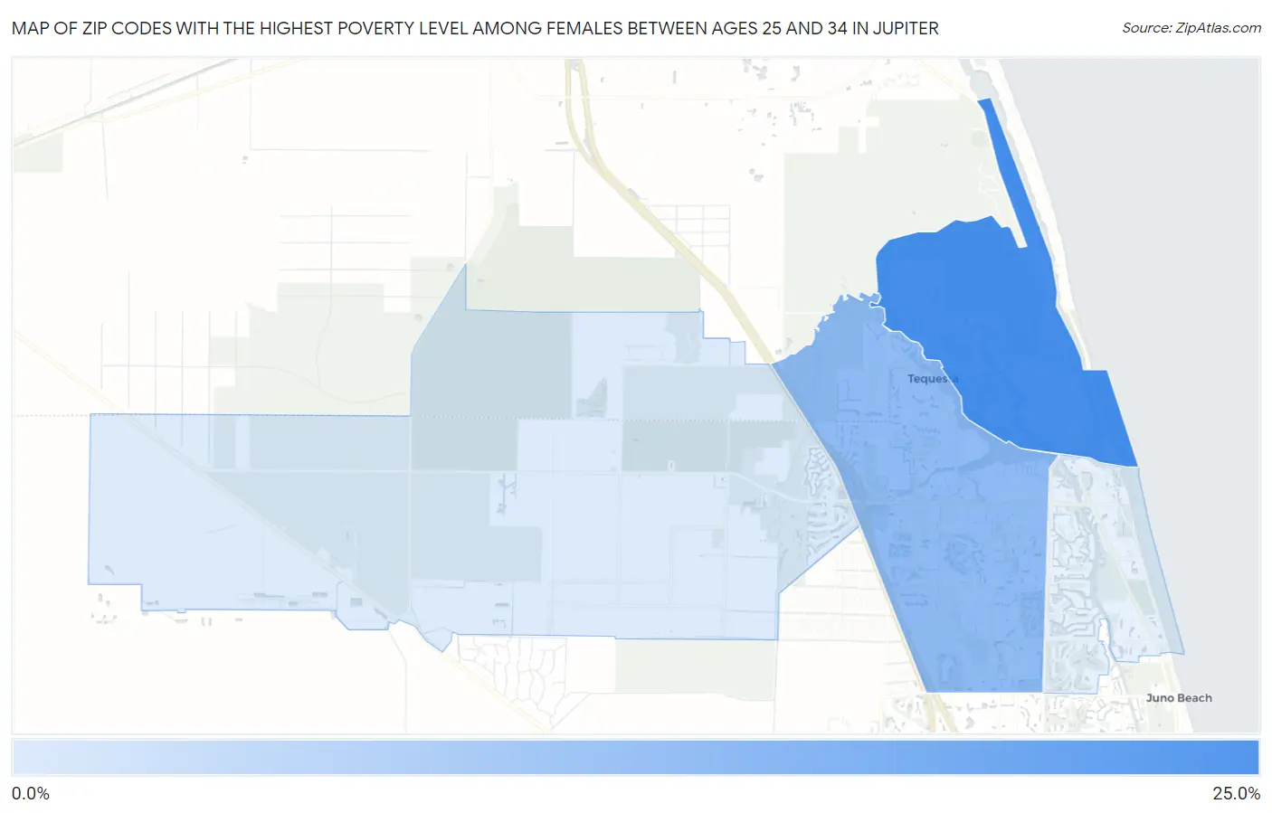 Zip Codes with the Highest Poverty Level Among Females Between Ages 25 and 34 in Jupiter Map