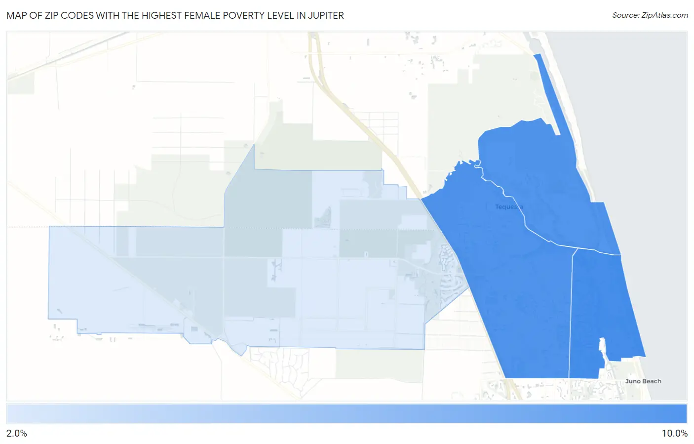 Zip Codes with the Highest Female Poverty Level in Jupiter Map