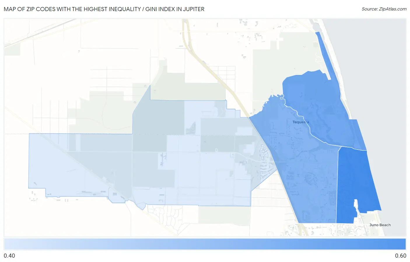 Zip Codes with the Highest Inequality / Gini Index in Jupiter Map