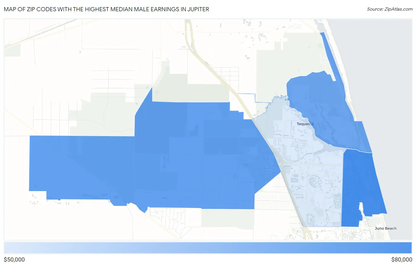 Zip Codes with the Highest Median Male Earnings in Jupiter Map