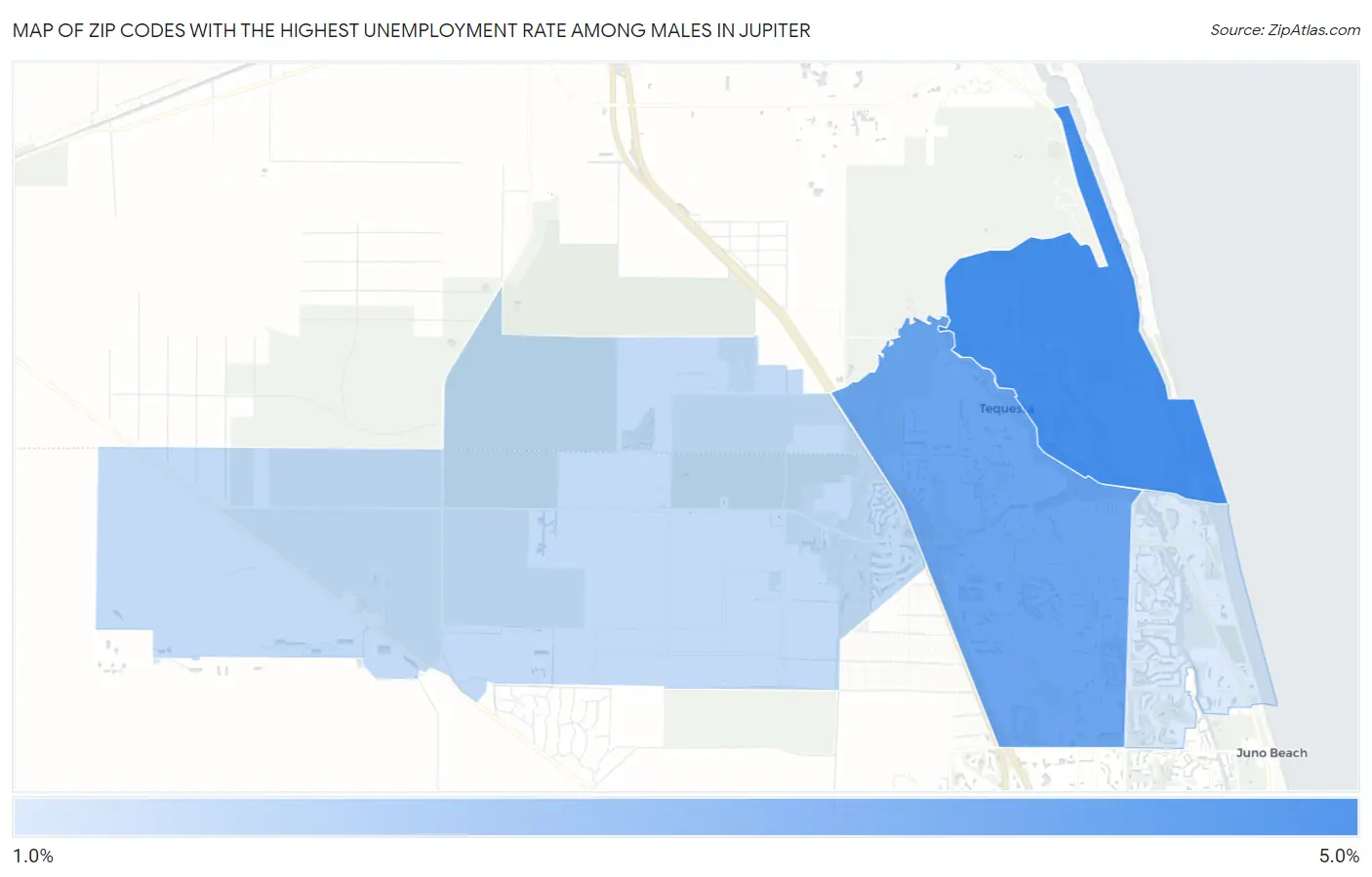 Zip Codes with the Highest Unemployment Rate Among Males in Jupiter Map