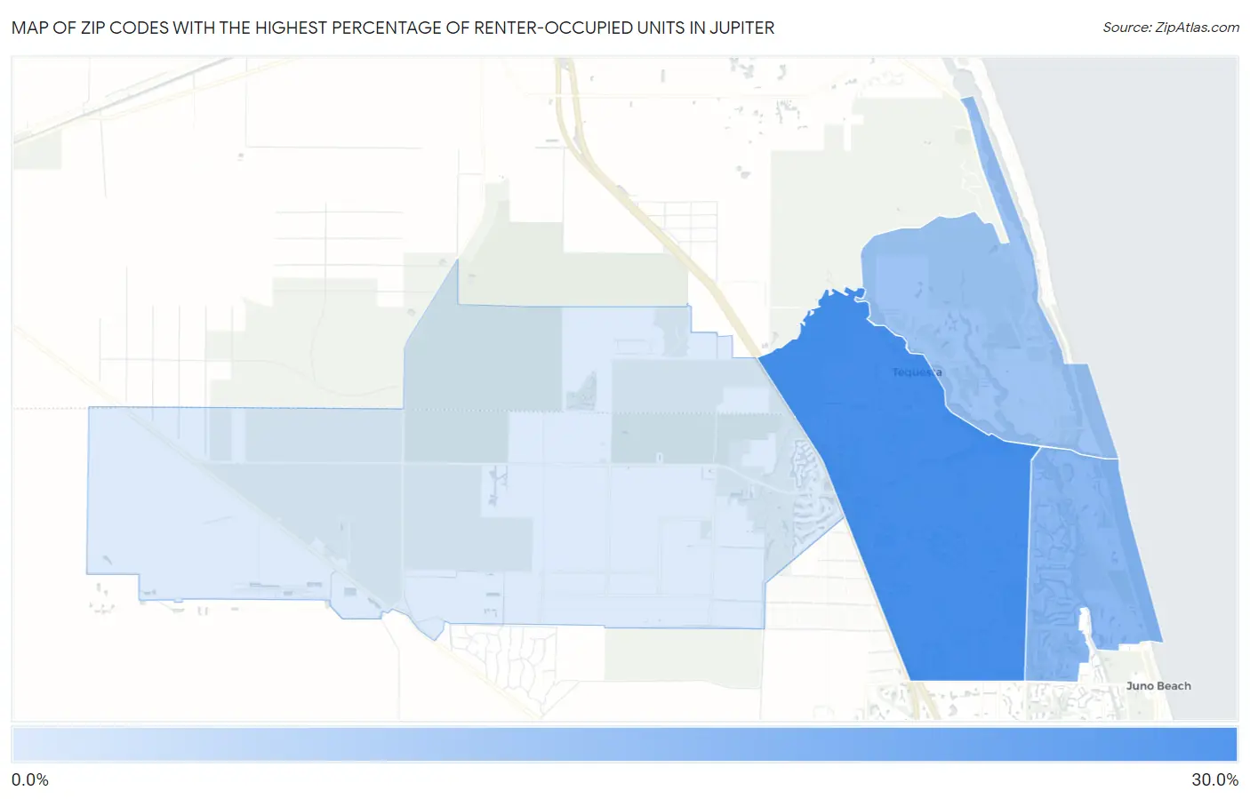 Zip Codes with the Highest Percentage of Renter-Occupied Units in Jupiter Map
