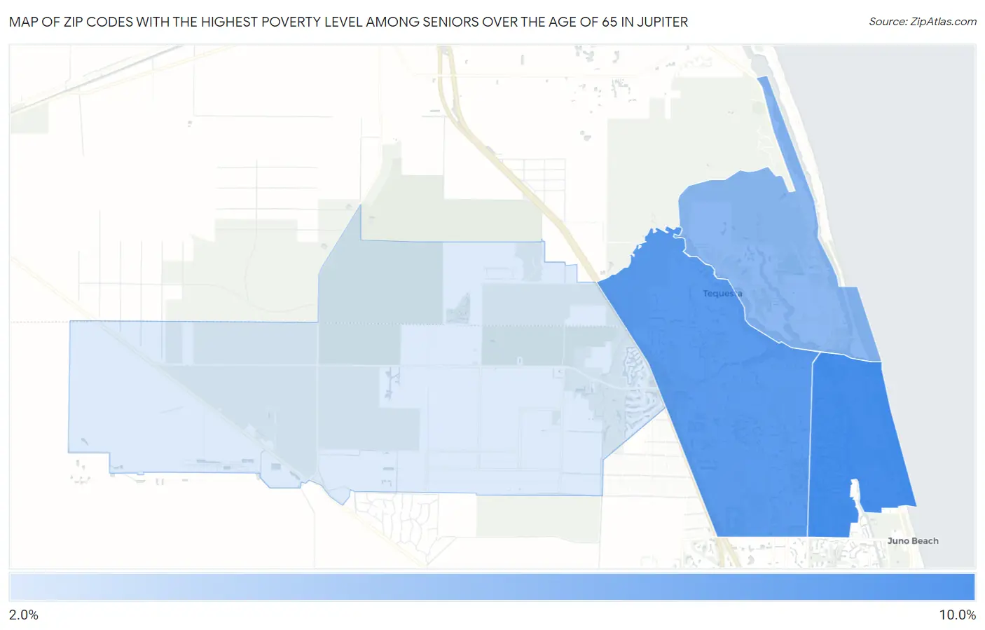 Zip Codes with the Highest Poverty Level Among Seniors Over the Age of 65 in Jupiter Map