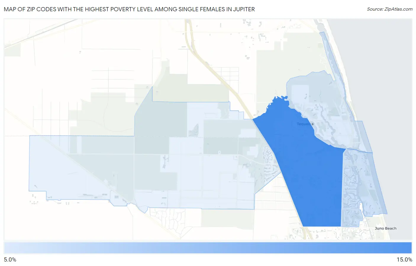 Zip Codes with the Highest Poverty Level Among Single Females in Jupiter Map