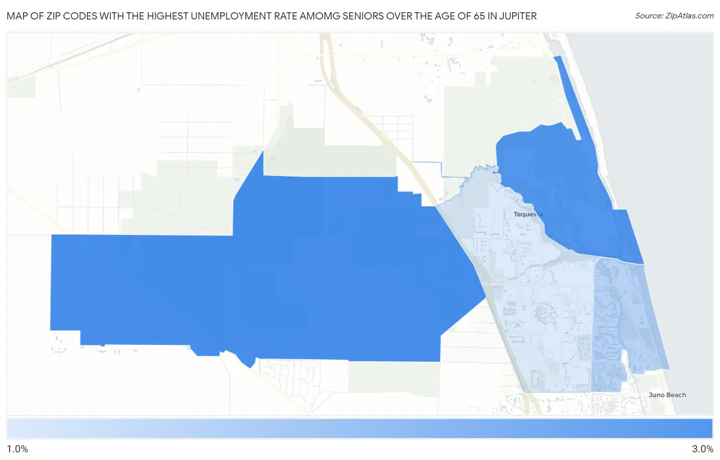 Zip Codes with the Highest Unemployment Rate Amomg Seniors Over the Age of 65 in Jupiter Map