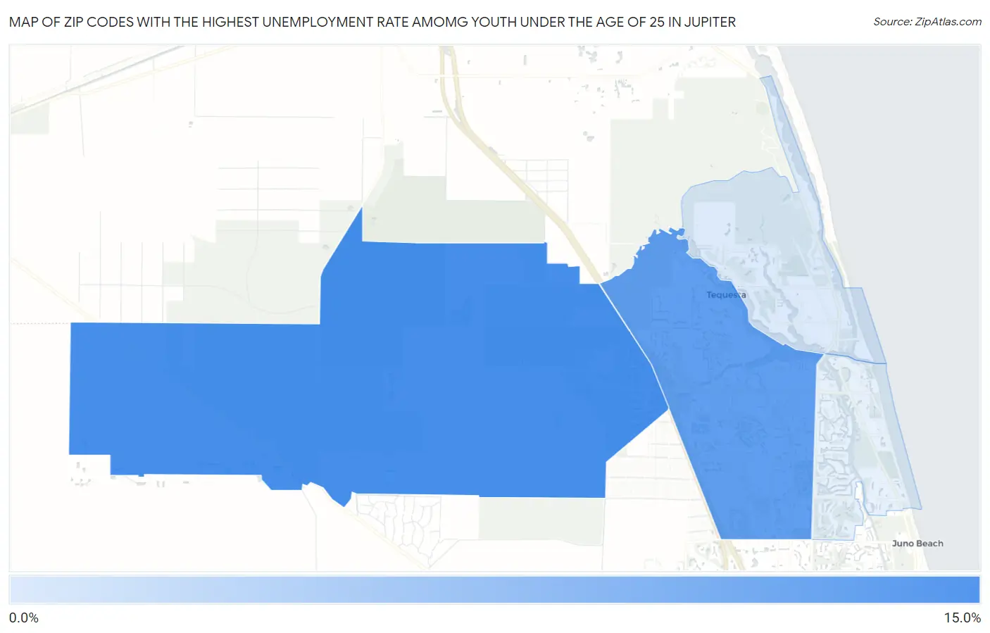 Zip Codes with the Highest Unemployment Rate Amomg Youth Under the Age of 25 in Jupiter Map