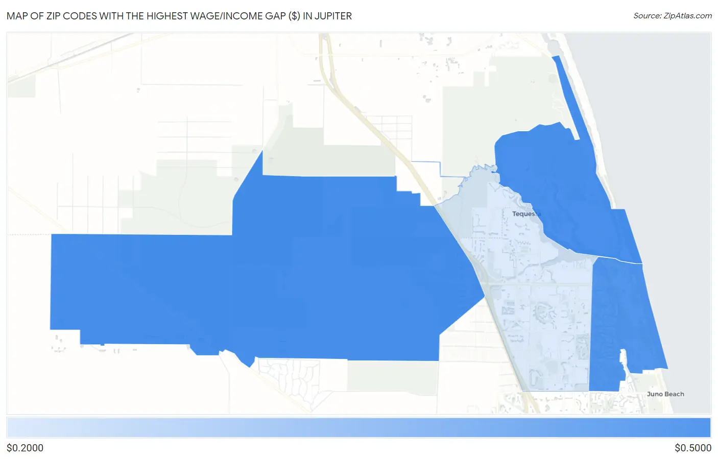 Zip Codes with the Highest Wage/Income Gap ($) in Jupiter Map