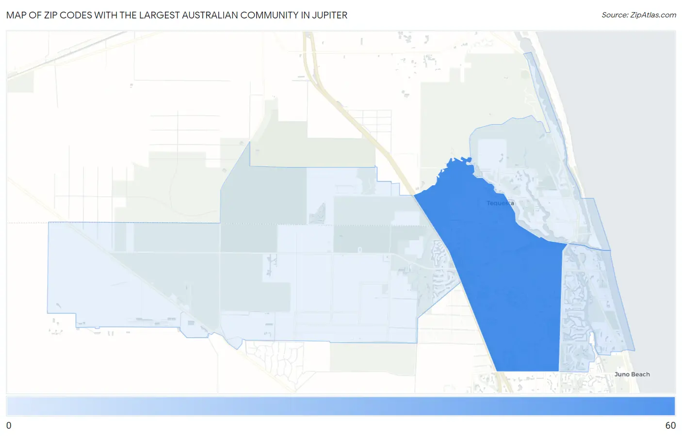 Zip Codes with the Largest Australian Community in Jupiter Map