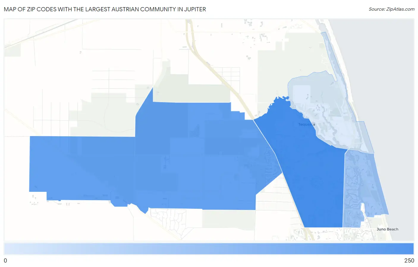 Zip Codes with the Largest Austrian Community in Jupiter Map