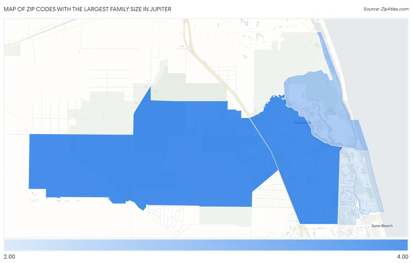 Zip Codes with the Largest Family Size in Jupiter Map