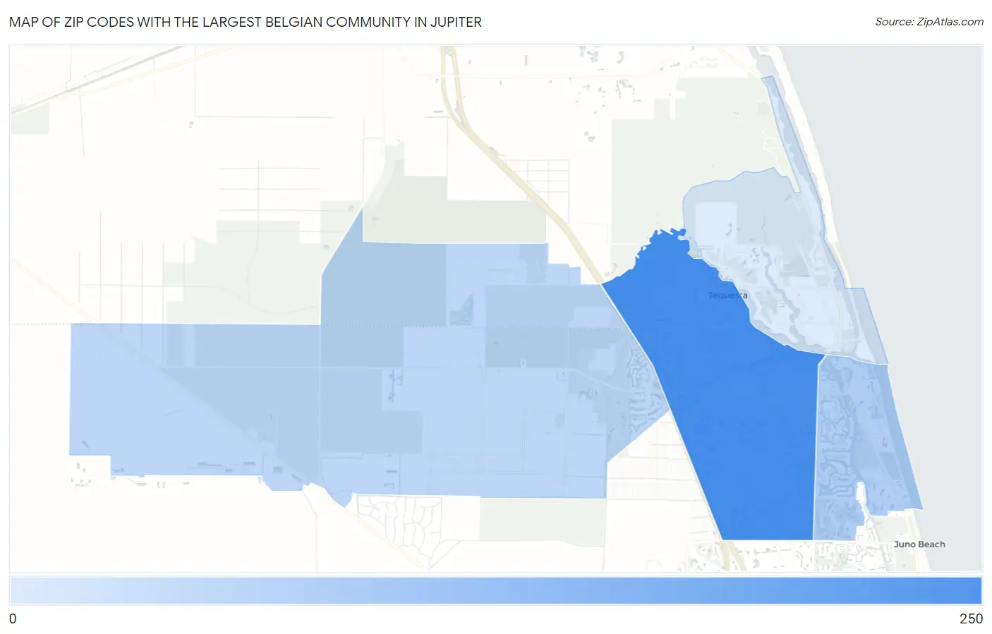 Zip Codes with the Largest Belgian Community in Jupiter Map