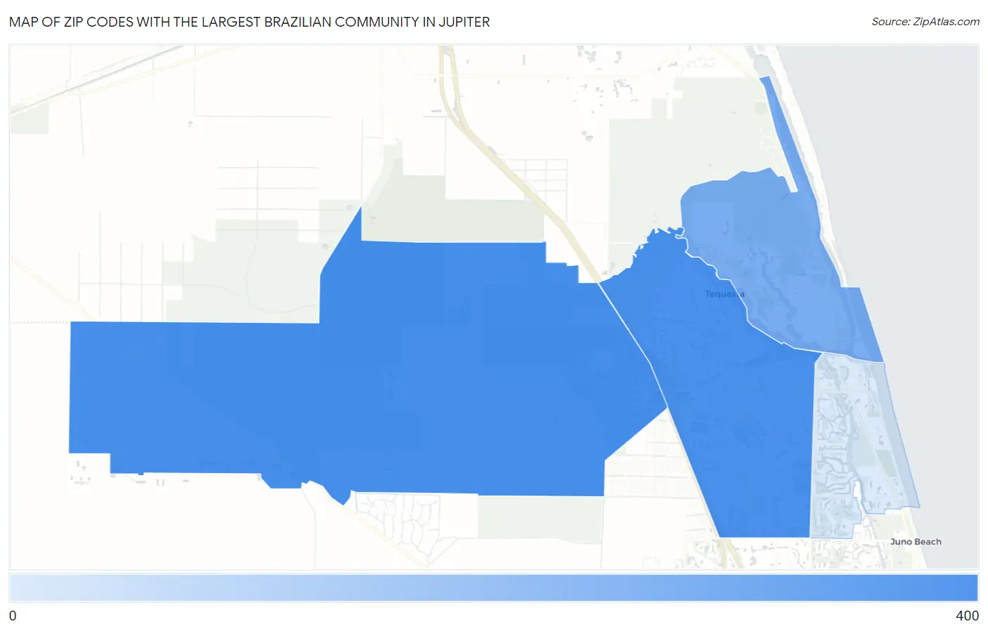Zip Codes with the Largest Brazilian Community in Jupiter Map