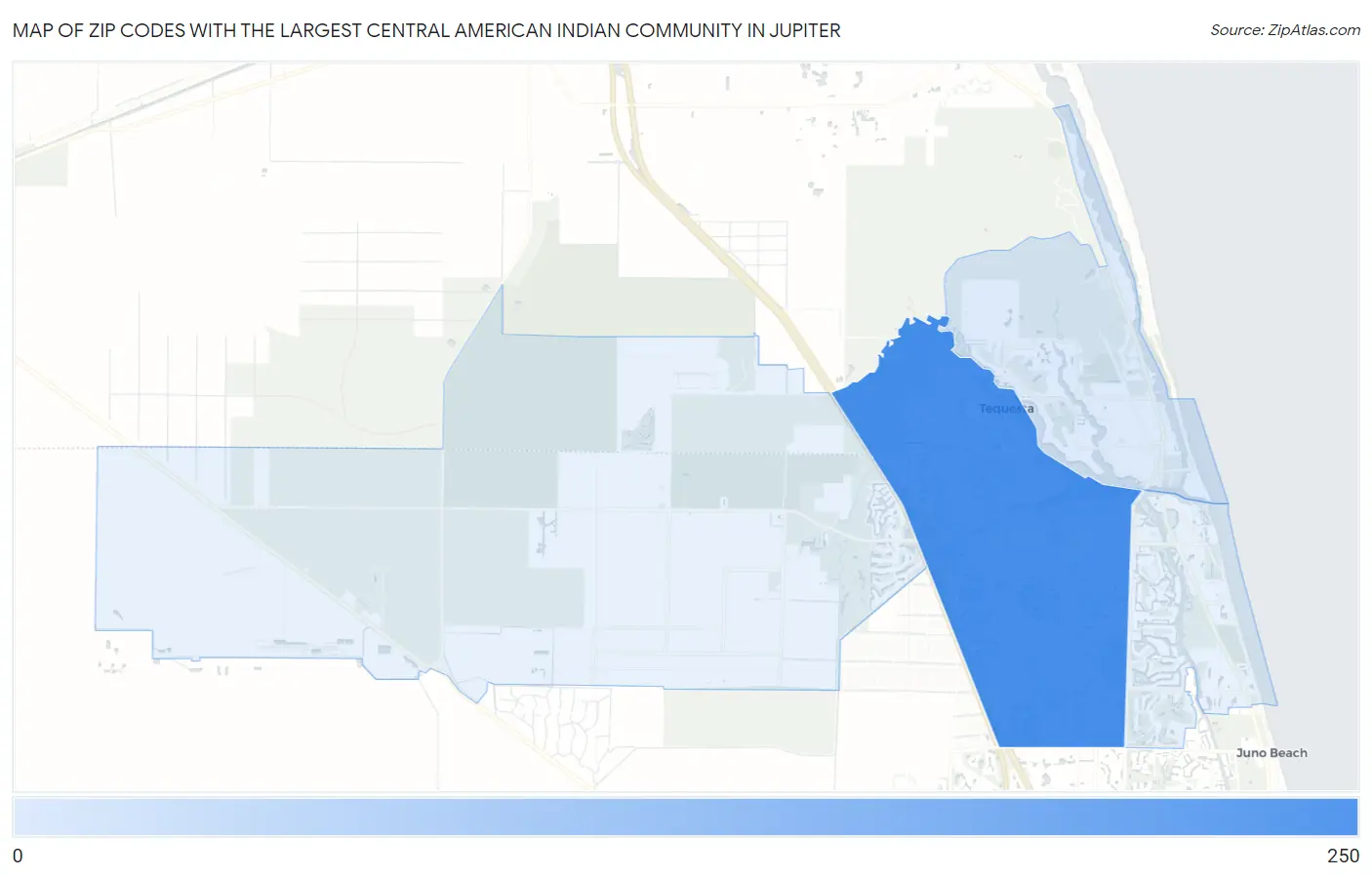 Zip Codes with the Largest Central American Indian Community in Jupiter Map