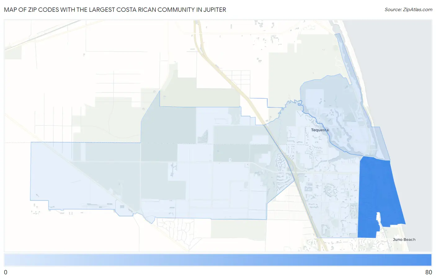 Zip Codes with the Largest Costa Rican Community in Jupiter Map