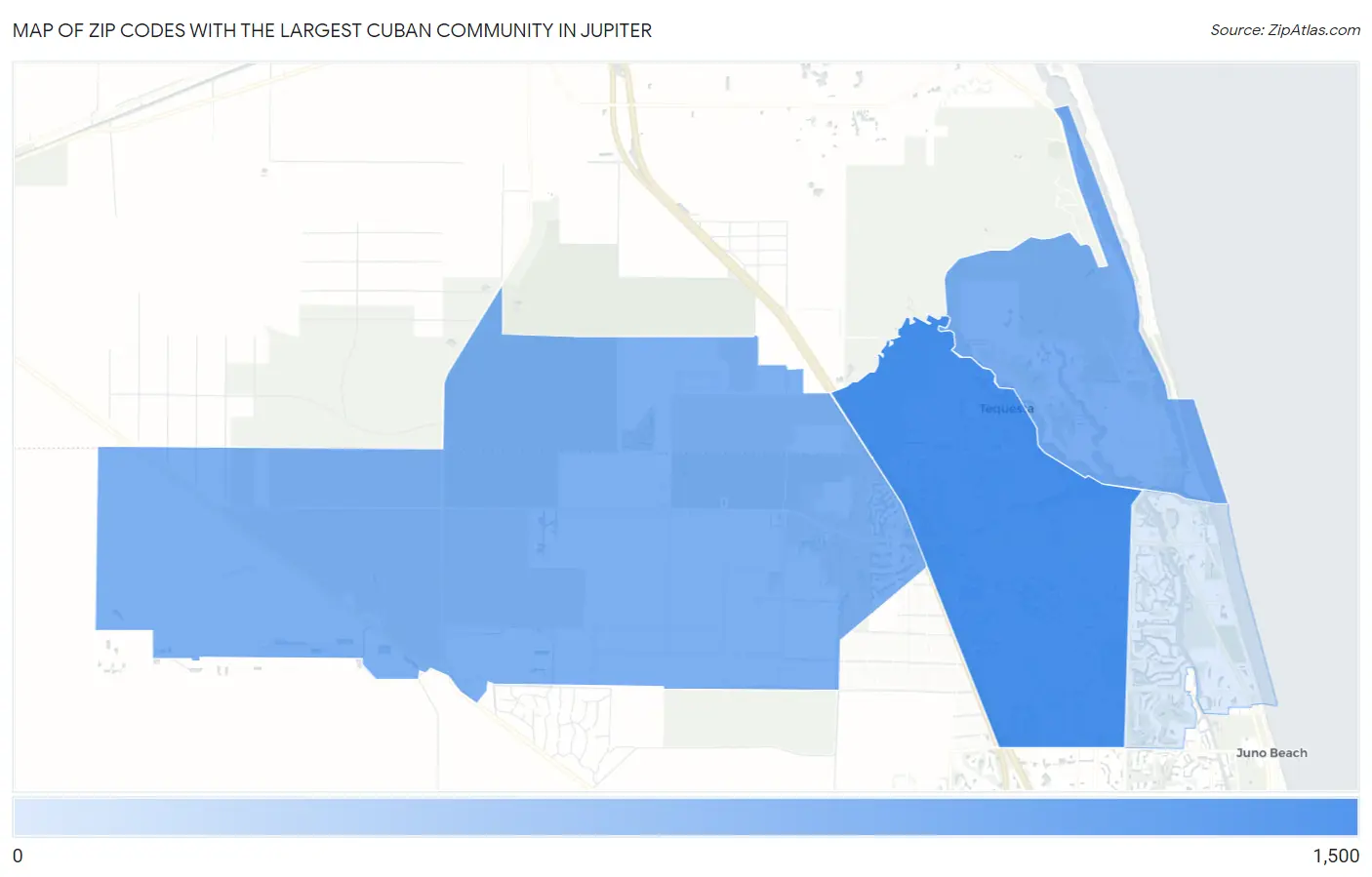 Zip Codes with the Largest Cuban Community in Jupiter Map