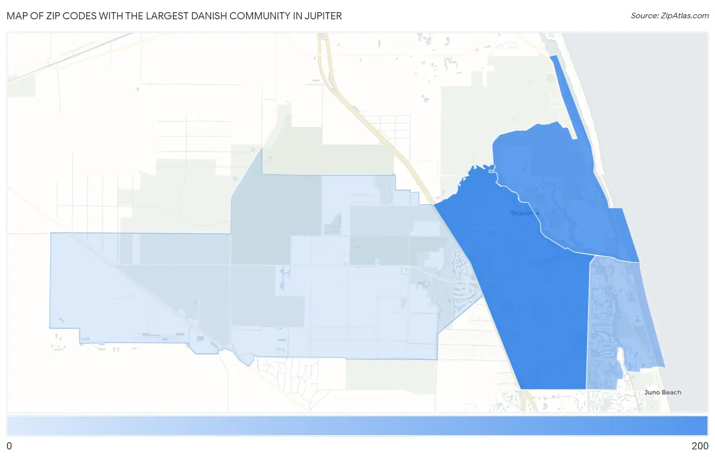 Zip Codes with the Largest Danish Community in Jupiter Map