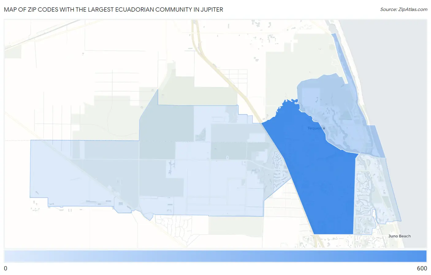 Zip Codes with the Largest Ecuadorian Community in Jupiter Map