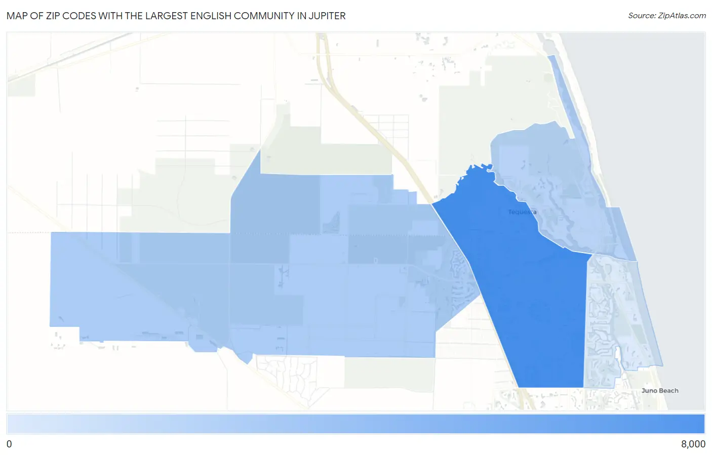 Zip Codes with the Largest English Community in Jupiter Map