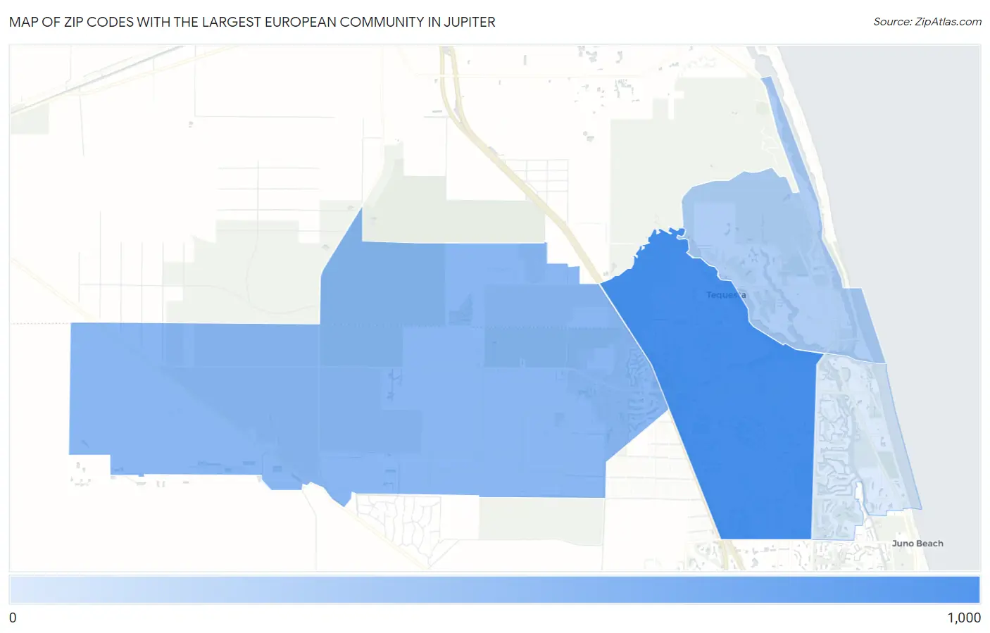 Zip Codes with the Largest European Community in Jupiter Map