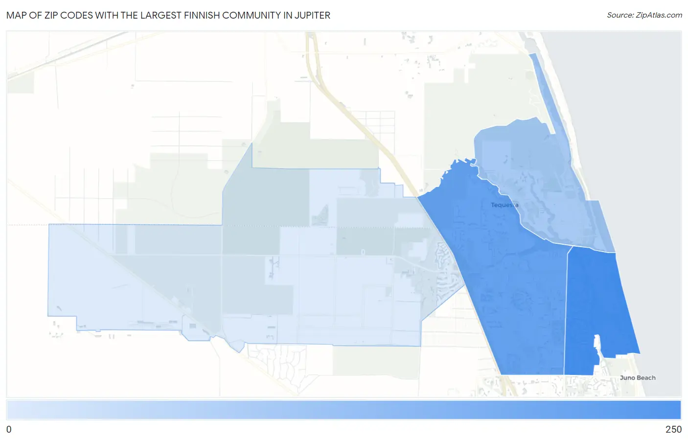 Zip Codes with the Largest Finnish Community in Jupiter Map